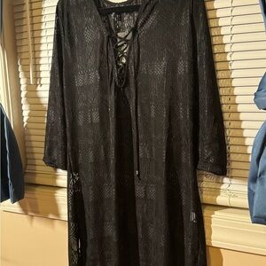 Elegant Black Lace-Up Long Sleeve Beach Cover up Dress Size 2X